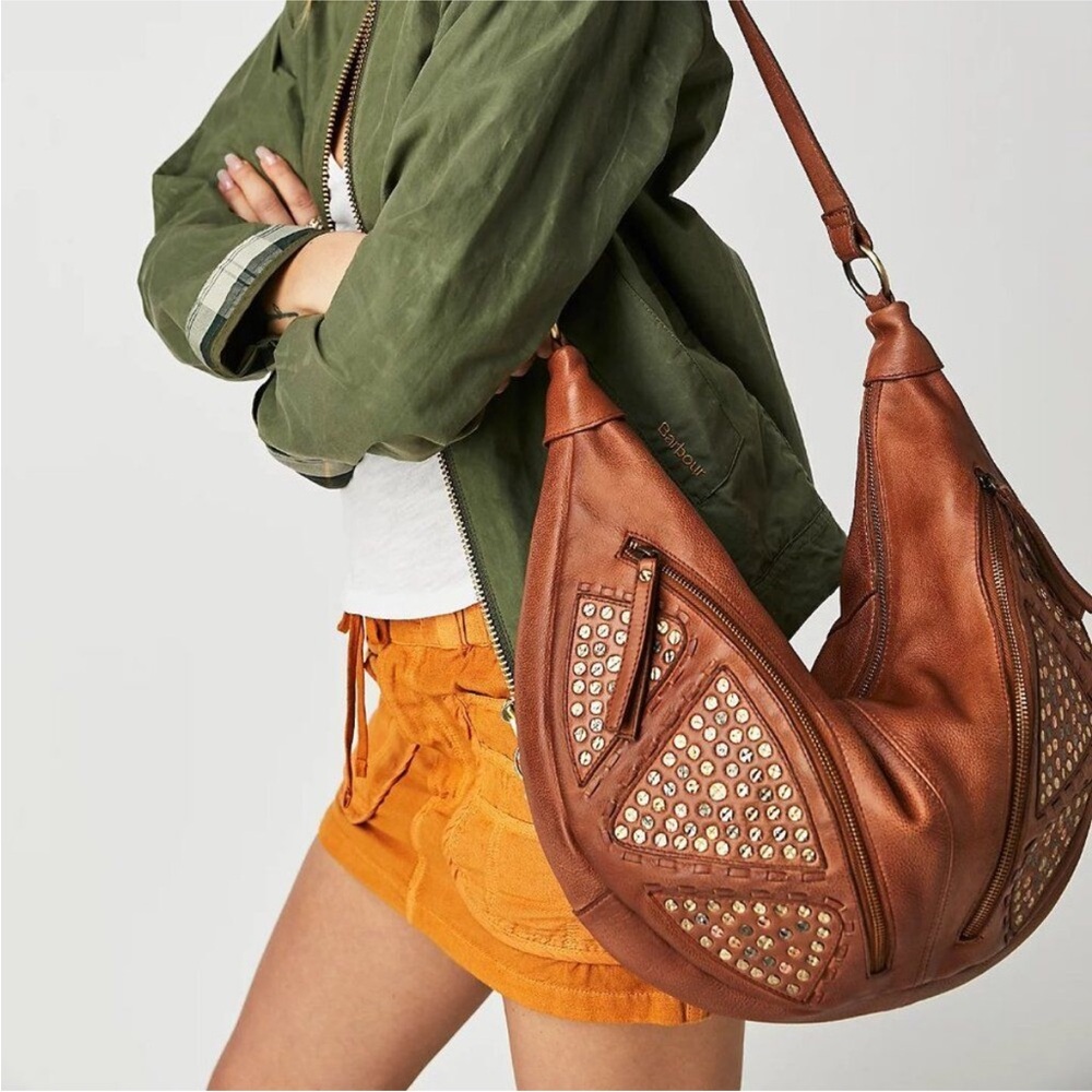 Free people Brown Studded Leather Hobo Bag